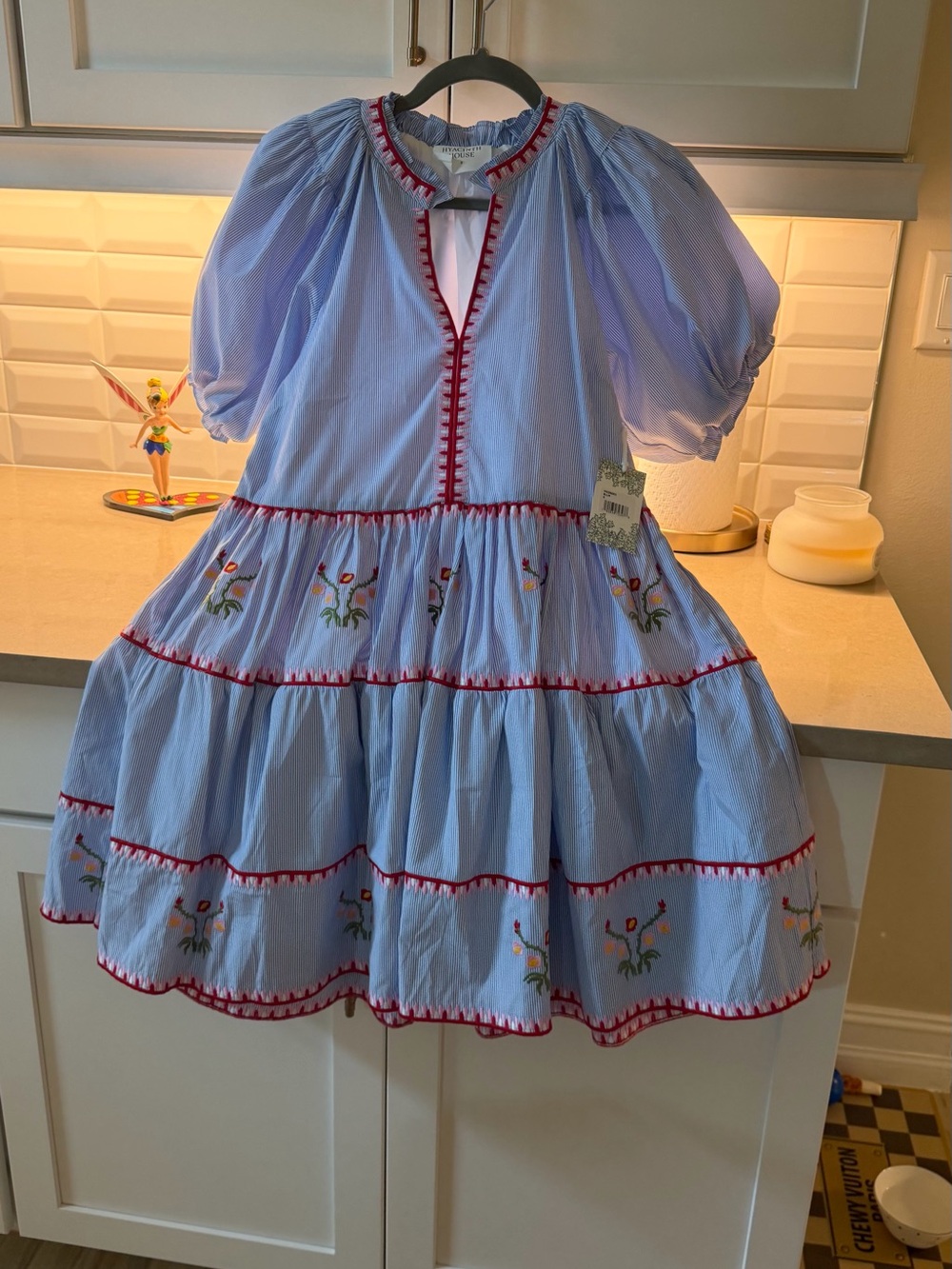 Blue Tiered Puff Sleeve Dress with Red Trim  NWT Hayacint house